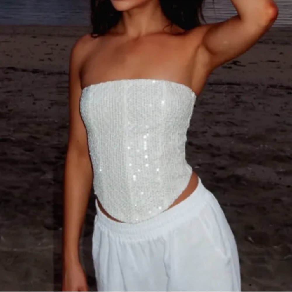 White Fox Boutique White Sequin Strapless Corset Crop Top